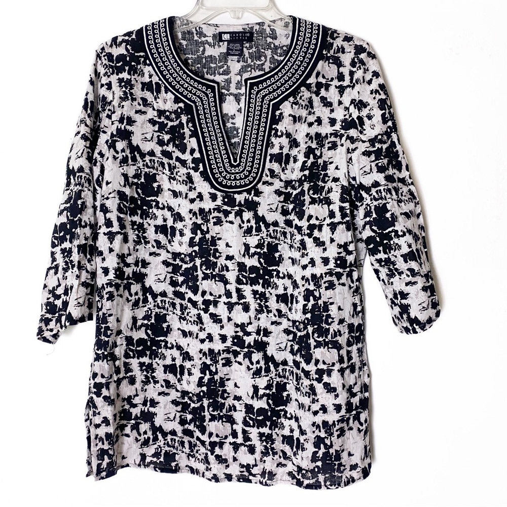 Carole Little Top Tunic Size L Style Linen Blend Plunge Neck 3/4 sleeve